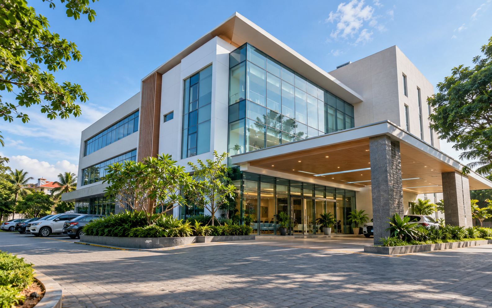 NIMA Healthcare building entrance, daytime