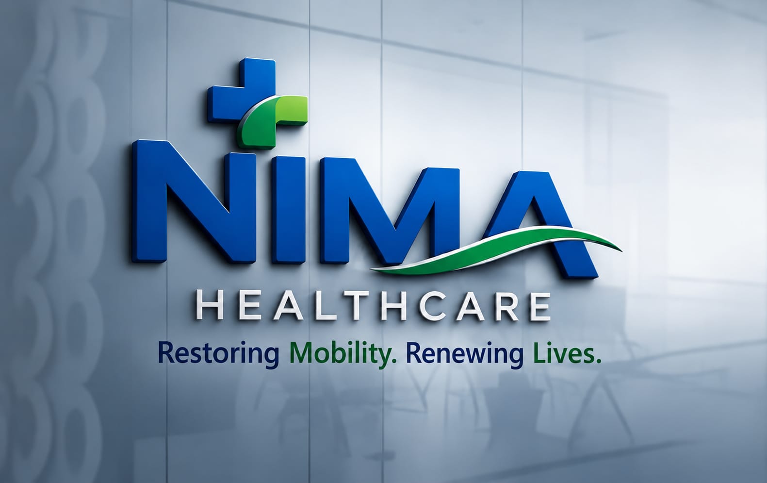The NIMA Healthcare mark rendered on a wall, with the Restoring Mobility. Renewing Lives. tagline